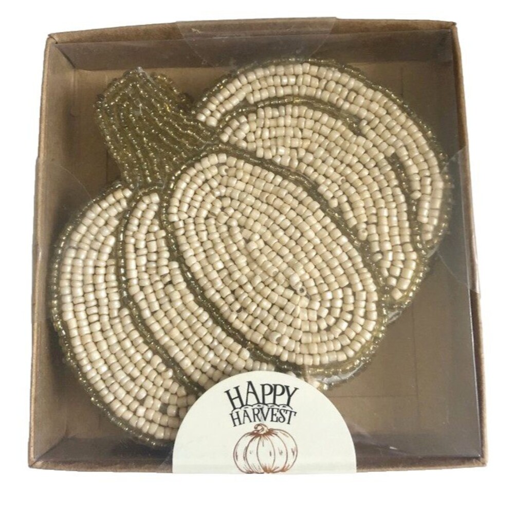Happy Harvest Coasters Set of 4 Glass Beaded Ivory Gold Pumpkin Satin Backed